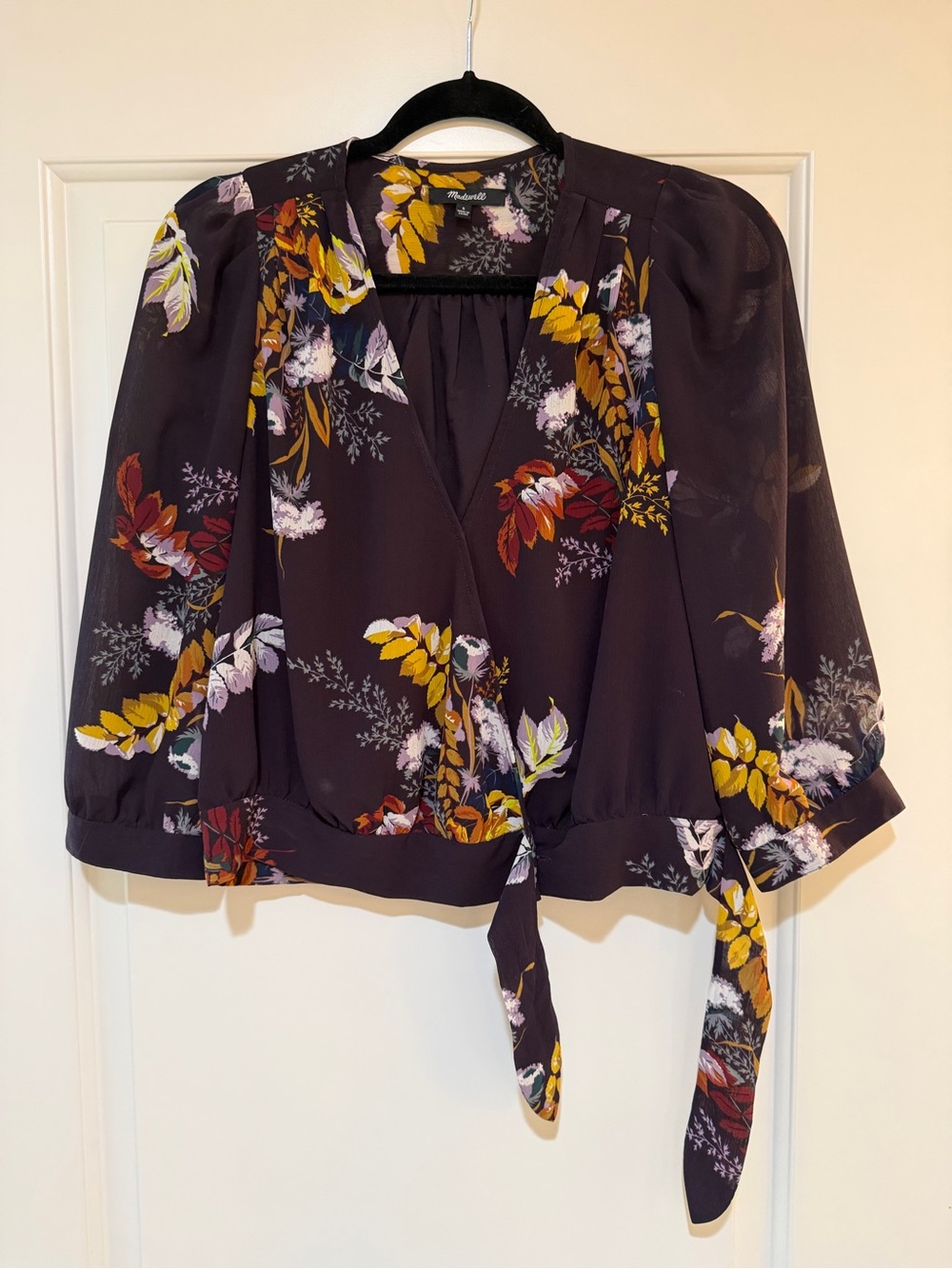Madewell Dark Plum Floral Tie-Front Blouse